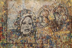 Bariffe "How long must we sing this same song" Mixed media on canvas 24" x 24" 2026 "Faces 2"