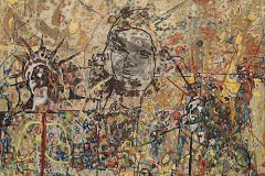 Bariffe "Indicted" Mixed media on canvas 24" x 24" 2026 "Faces 2"