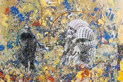 Bariffe  "Did you hear the falling bombs?"   Mixed media on canvas   24" x 24"   2025